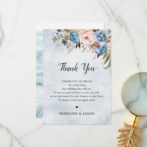  Dusty Blue Peach Blush Floral Botanical Wedding Thank You Card