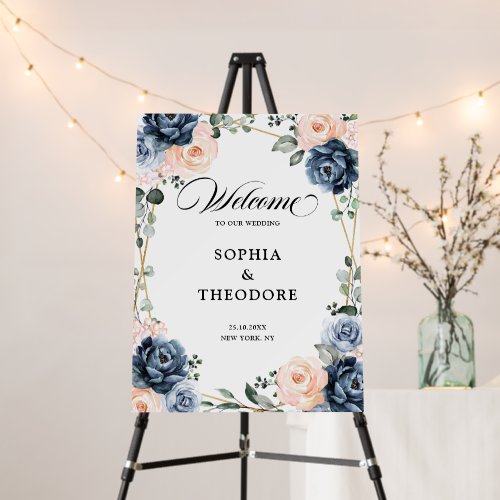 Dusty Blue Peach Blush Floral Wedding Welcome Foam Board