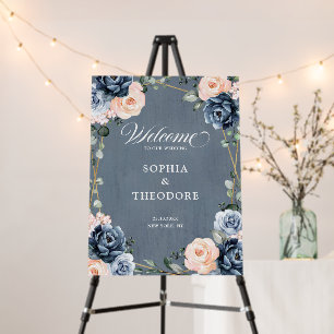Dusty Blue Peach Blush Floral Wedding Welcome Foam Board