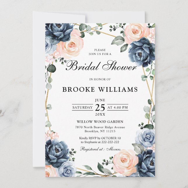 Dusty Blue Peach Blush Geometric Bridal Shower Inv Invitation (Front)