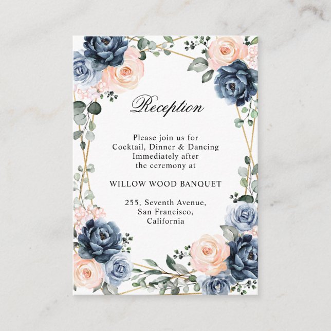 Dusty Blue Peach Blush Geometric Floral Reception  Enclosure Card (Front)