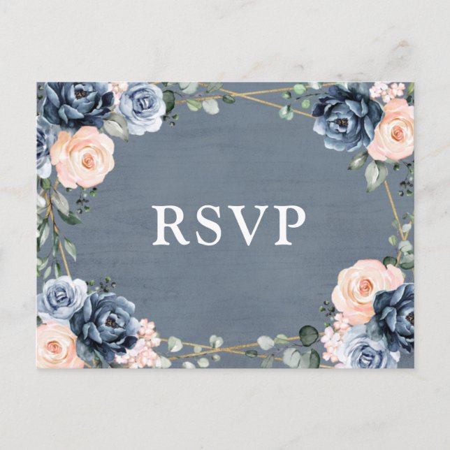 Dusty Blue Peach Blush Geometric Floral RSVP Postcard (Front)