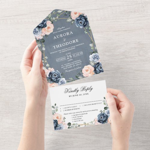 Dusty Blue Peach Blush Geometric Floral Wedding Al All In One Invitation