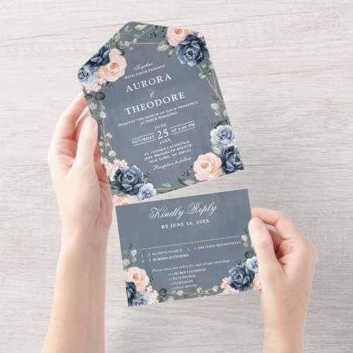 Dusty Blue Peach Blush Geometric Floral Wedding All In One Invitation