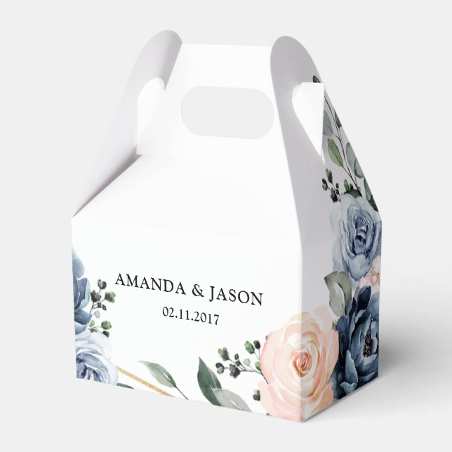 Dusty Blue Peach Blush Geometric Floral Wedding Fa Favor Boxes (Front Side)