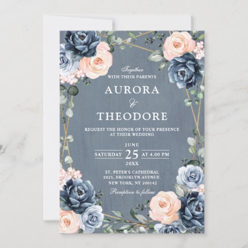 Dusty Blue Peach Blush Geometric Floral Wedding In Invitation