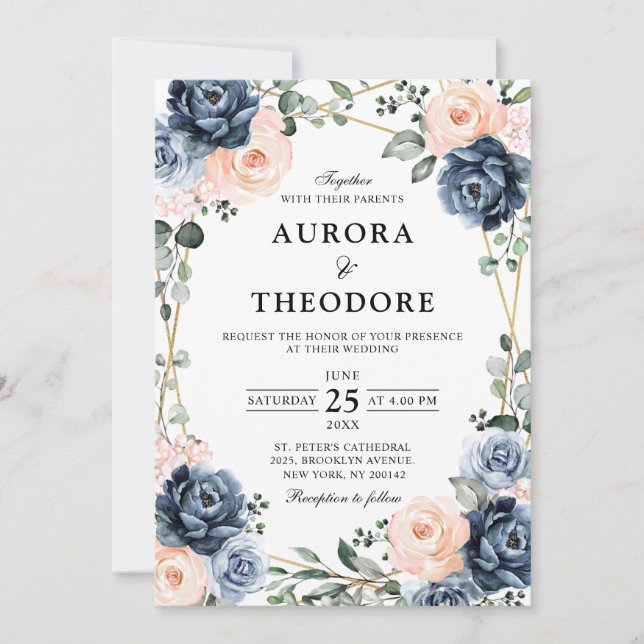 Dusty Blue Peach Blush Geometric Floral Wedding In Invitation (Front)