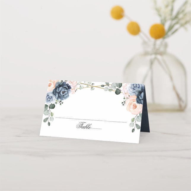 Dusty Blue Peach Blush Geometric Floral Wedding Pl Place Card (Front)
