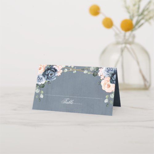 Dusty Blue Peach Blush Geometric Floral Wedding Place Card
