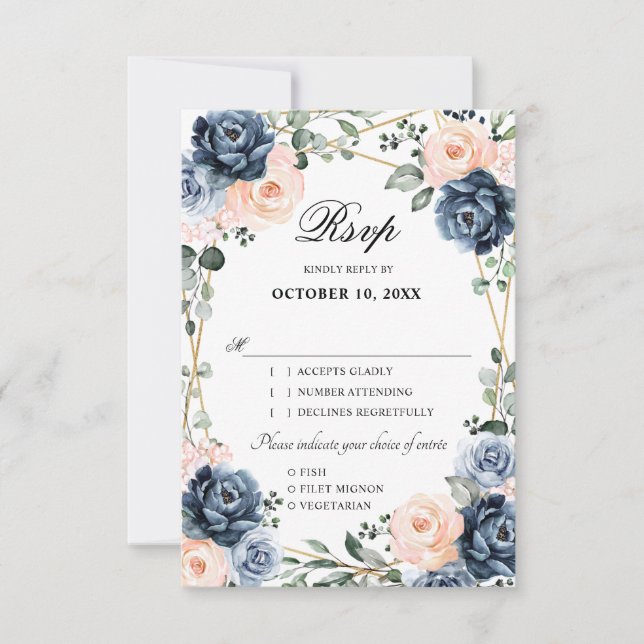 Dusty Blue Peach Blush Geometric Floral Wedding RS RSVP Card (Front)