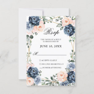 Dusty Blue Peach Blush Geometric Floral Wedding RSVP Card