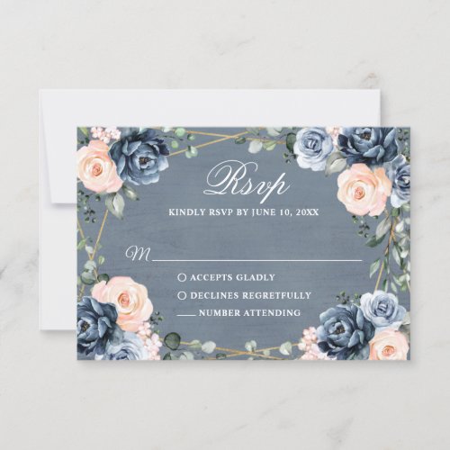 Dusty Blue Peach Blush Geometric Floral Wedding RSVP Card
