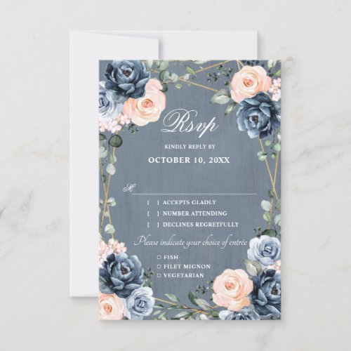 Dusty Blue Peach Blush Geometric Floral Wedding RSVP Card