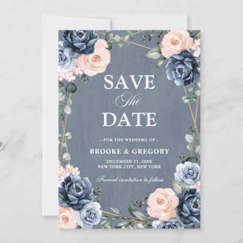 Dusty Blue Peach Blush Geometric Floral Wedding Save The Date