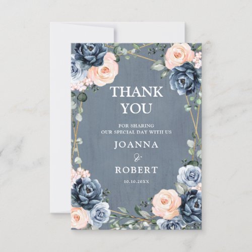 Dusty Blue Peach Blush Geometric Floral Wedding Thank You Card