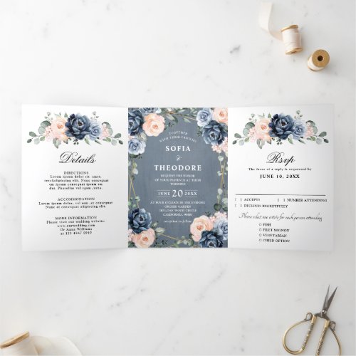 Dusty Blue Peach Blush Geometric Floral Wedding Tr Tri_Fold Announcement