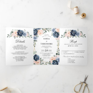 Dusty Blue Peach Blush Geometric Floral Wedding Tr Tri-Fold Announcement