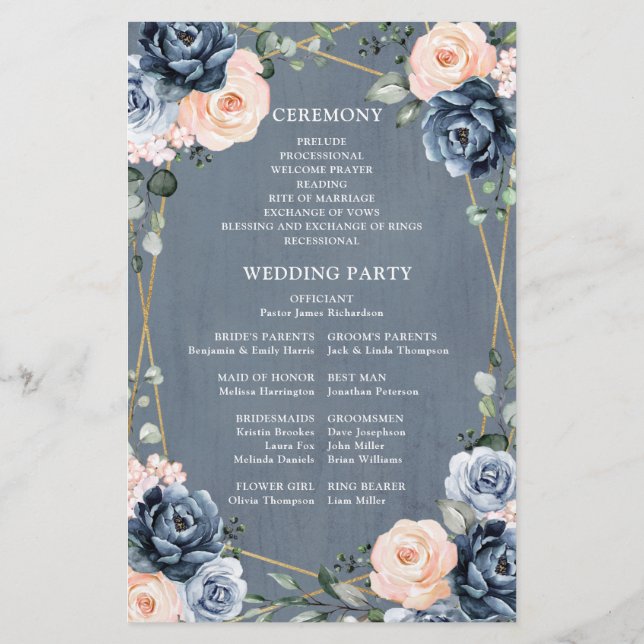 Dusty Blue Peach Blush Geometric Wedding Program (Back)