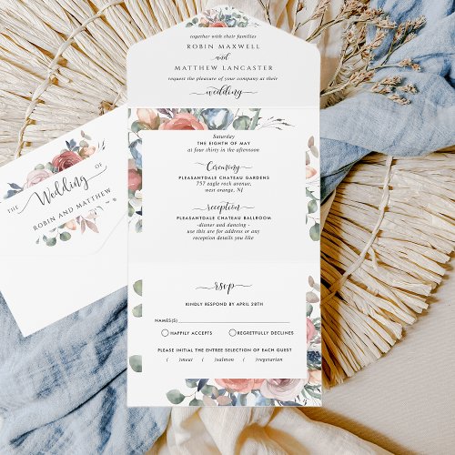 Dusty Blue Peach Blush Wedding  Perforated RSVP All In One Invitation