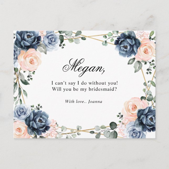 Dusty Blue Peach Blush Will You Be My Bridesmaid P Postcard (Front)