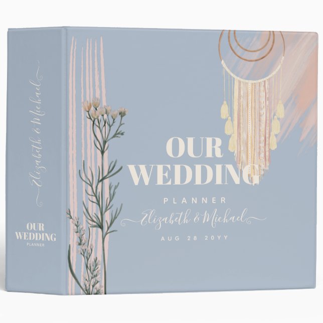Dusty Blue Peach Boho Wedding 3 Ring Binder (Front/Spine)