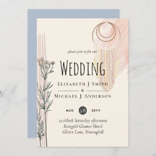 Dusty Blue Peach BOHO Wedding Invitation