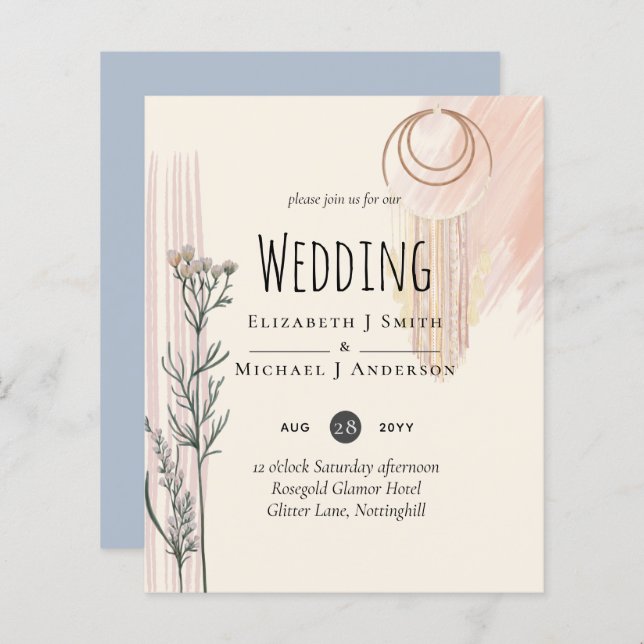 Dusty Blue Peach BOHO Wedding Invitation (Front/Back)