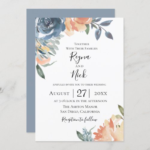 Dusty Blue Peach Botanical Wedding Invitation