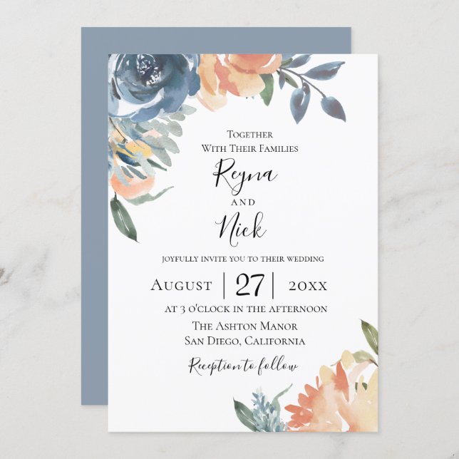 Dusty Blue Peach Botanical Wedding Invitation (Front/Back)