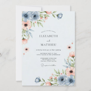 Dusty Blue Peach Breezy Spring Wedding Invitation