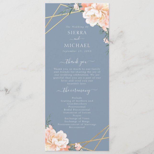 Dusty Blue Peach Cream Gold Geometric Wedding Program (Front)