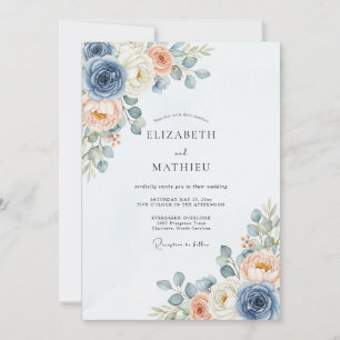 Dusty Blue Peach Delicate Spring Wedding Invitation