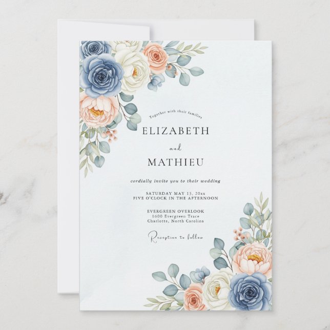 Dusty Blue Peach Delicate Spring Wedding Invitation (Front)