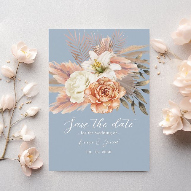 Dusty Blue Peach Floral Boho Wedding Save The Date (Creator Uploaded)