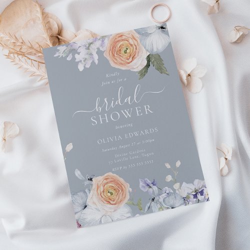 Dusty Blue  Peach Floral Bridal Shower Invitation
