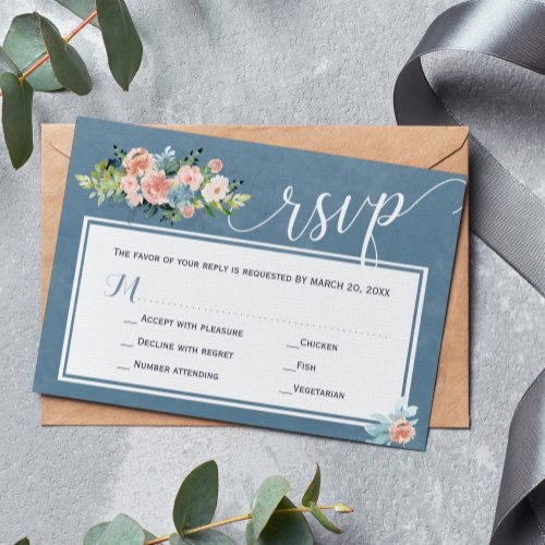 Dusty blue peach floral elegant chic wedding RSVP card