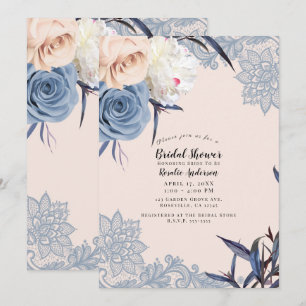 Dusty Blue & Peach Floral Lace Bridal Shower Invitation