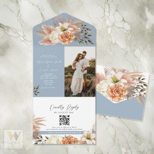 Dusty Blue Peach Floral QR Code Wedding All In One Invitation