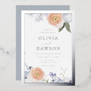 Dusty Blue & Peach Floral Silver Foil Wedding Foil Invitation