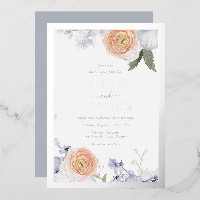 Dusty Blue & Peach Floral Silver Foil Wedding Foil Invitation (Front/Back)