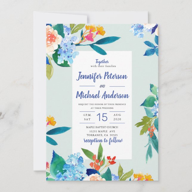 Dusty Blue & Peach Floral Wedding Invitation (Front)