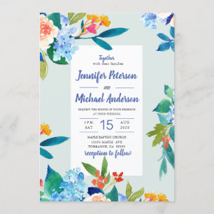 Dusty Blue & Peach Floral Wedding Invitation