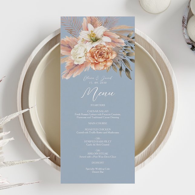 Dusty Blue Peach Floral Wedding Menu (Creator Uploaded)