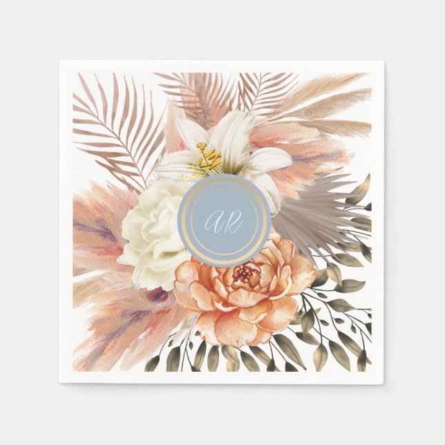 Dusty Blue Peach Floral Wedding Napkins (Front)