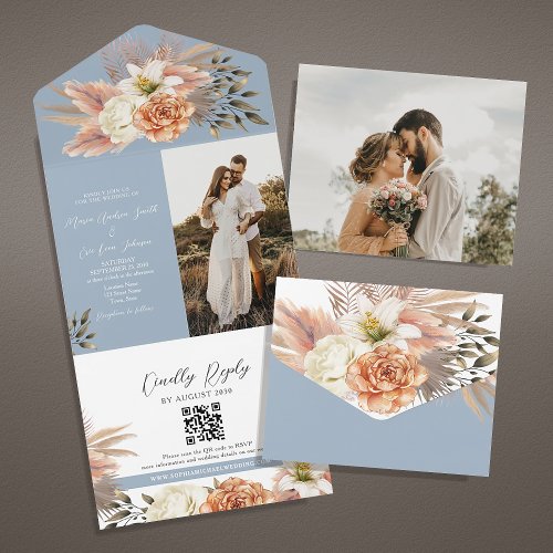 Dusty Blue Peach Floral Wedding QR Code All In One Invitation