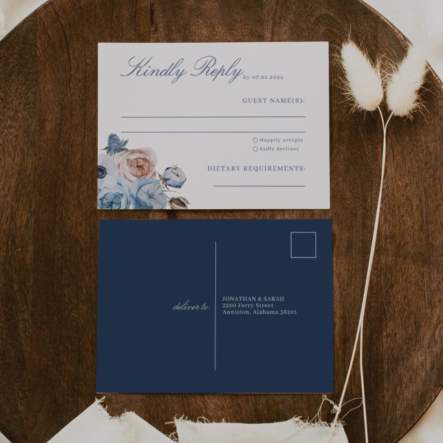 Dusty Blue & Peach Floral Wedding RSVP Postcard (Creator Uploaded)