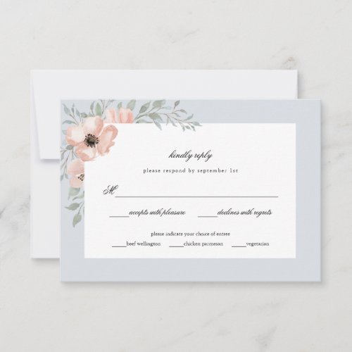 Dusty Blue Peach Flowers Watercolor Wedding RSVP Card