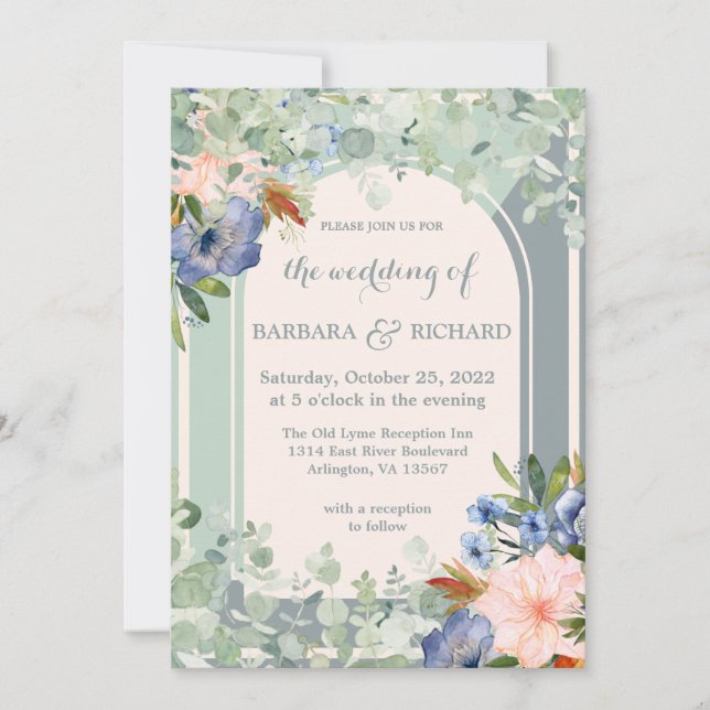 Dusty Blue Peach Green Wedding  Invitation (Front)