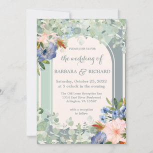 Dusty Blue Peach Green Wedding Invitation