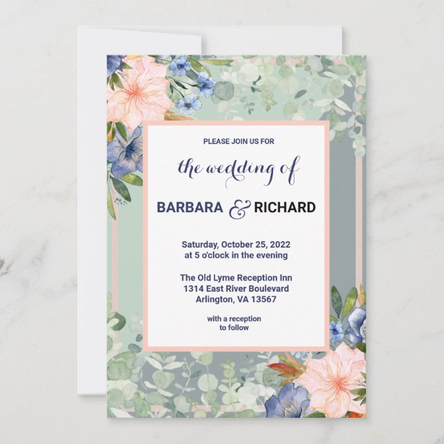 Dusty Blue Peach Green Wedding   Invitation (Front)